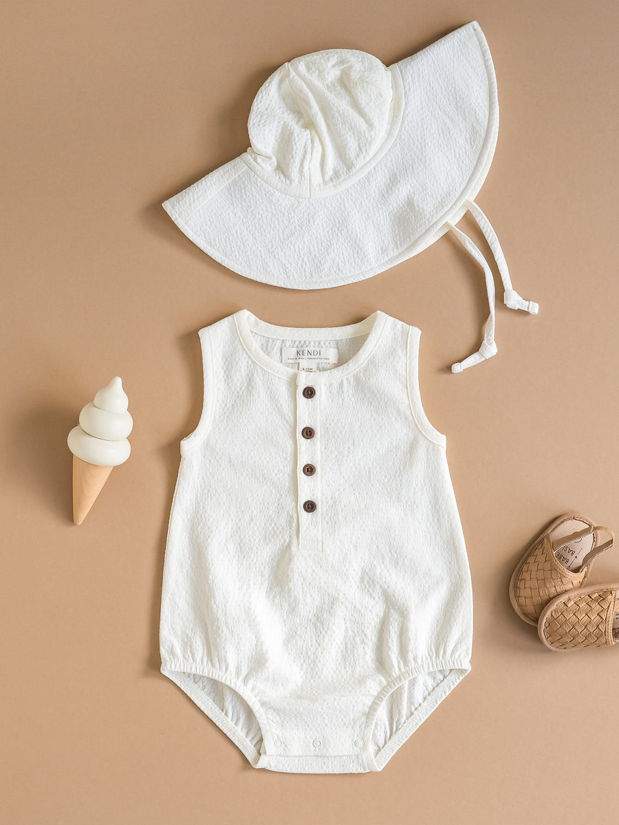 Wren Seersucker Bubble Romper - Coconut Baby : One Pieces : Rompers : Tanks Kendi Organic Cotton Baby Wren Seersucker Bubble Romper