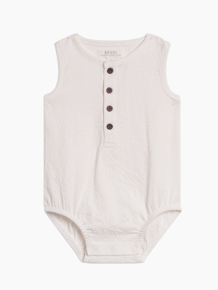 Wren Seersucker Bubble Romper - Coconut Baby : One Pieces : Rompers : Tanks Kendi Organic Cotton Baby Wren Seersucker Bubble Romper