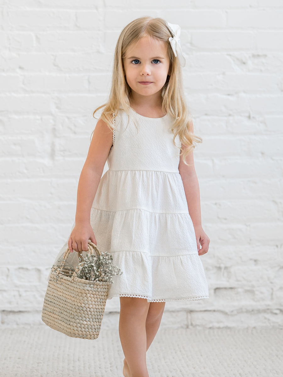 Zoey Seersucker Tiered Dress Baby-Kids : Tops : Dresses : Tanks Kendi Organic Cotton Baby and Kids Zoey Seersucker Tiered Dress