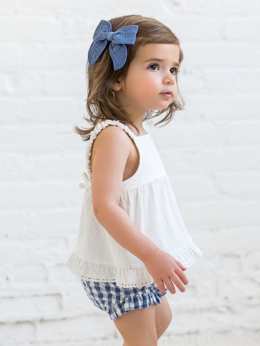 Ember Seersucker Ruffle Tank Baby-Kids : Tops : Tanks Kendi Organic Cotton Baby Ember Seersucker Ruffle Tank