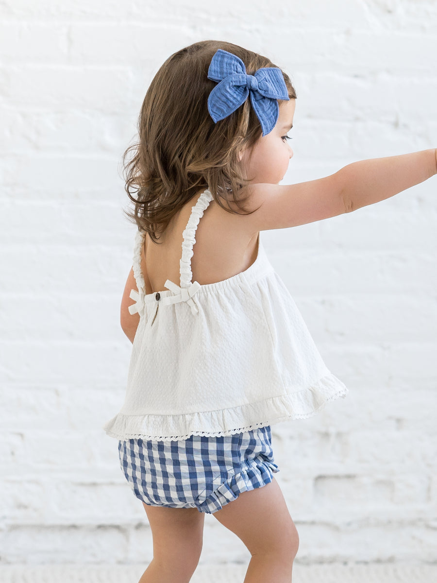 Ember Seersucker Ruffle Tank Baby-Kids : Tops : Tanks Kendi Organic Cotton Baby Ember Seersucker Ruffle Tank
