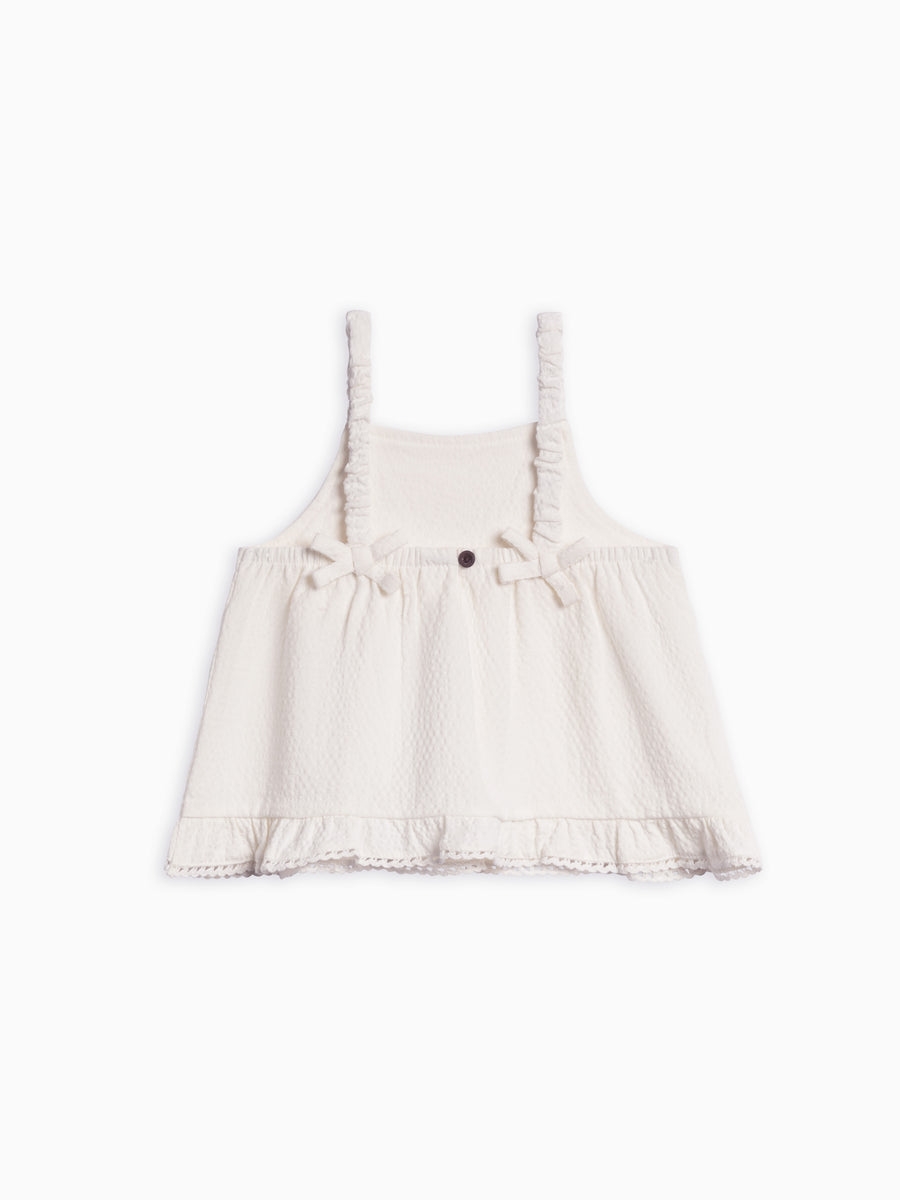 Ember Seersucker Ruffle Tank Baby-Kids : Tops : Tanks Kendi Organic Cotton Baby Ember Seersucker Ruffle Tank