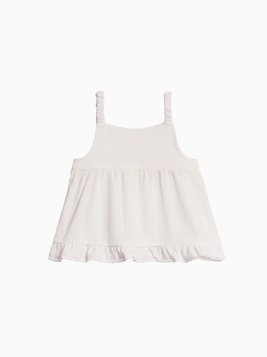 Ember Seersucker Ruffle Tank Baby-Kids : Tops : Tanks Kendi Organic Cotton Baby Ember Seersucker Ruffle Tank