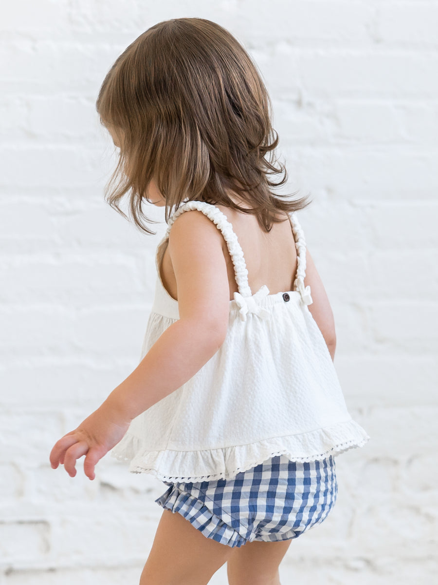 Ember Seersucker Ruffle Tank Baby-Kids : Tops : Tanks Kendi Organic Cotton Baby Ember Seersucker Ruffle Tank
