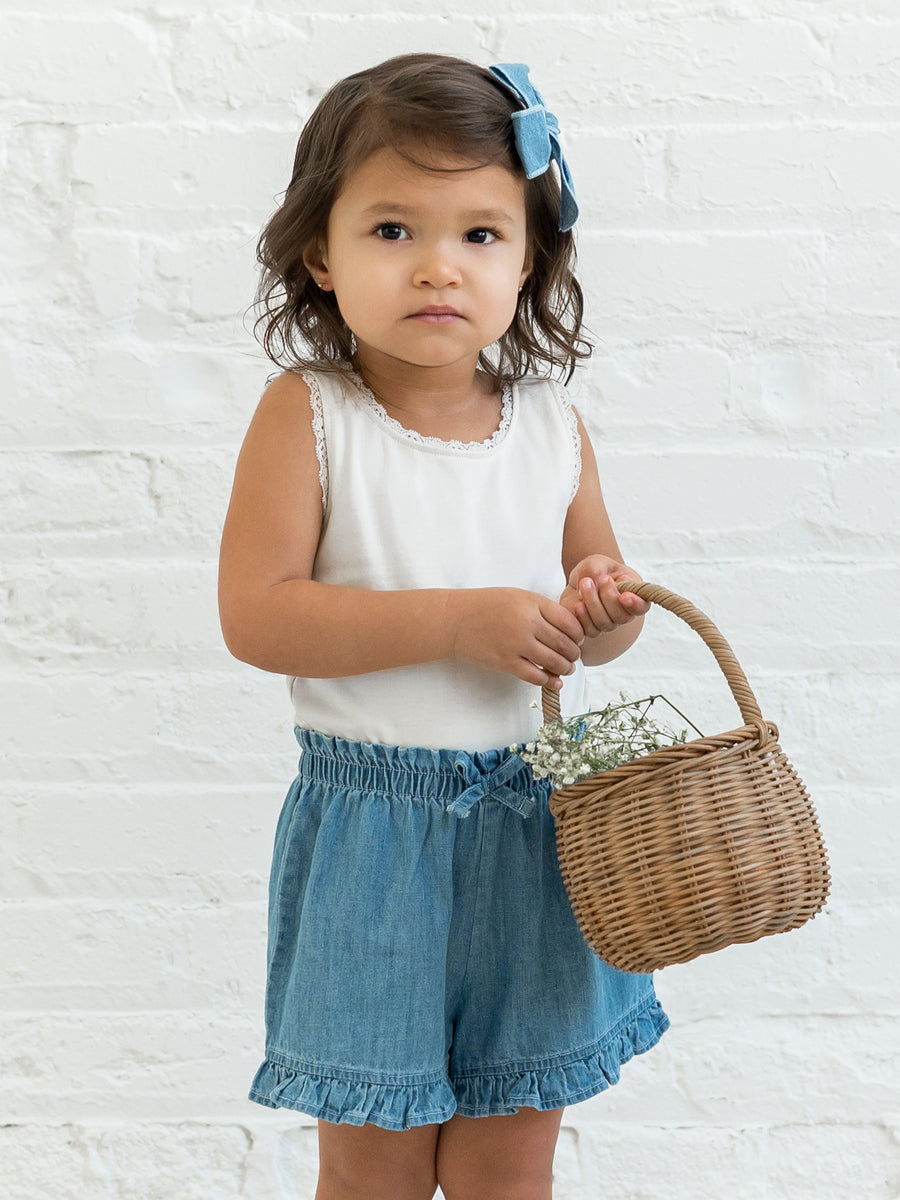 Callie Chambray Ruffle Waist Short Baby-Kids : Bottoms : Shorts Kendi Organic Cotton Baby and Kids Callie Chambray Ruffle Waist Short