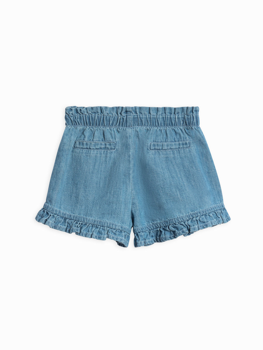 Callie Chambray Ruffle Waist Short Baby-Kids : Bottoms : Shorts Kendi Organic Cotton Baby and Kids Callie Chambray Ruffle Waist Short