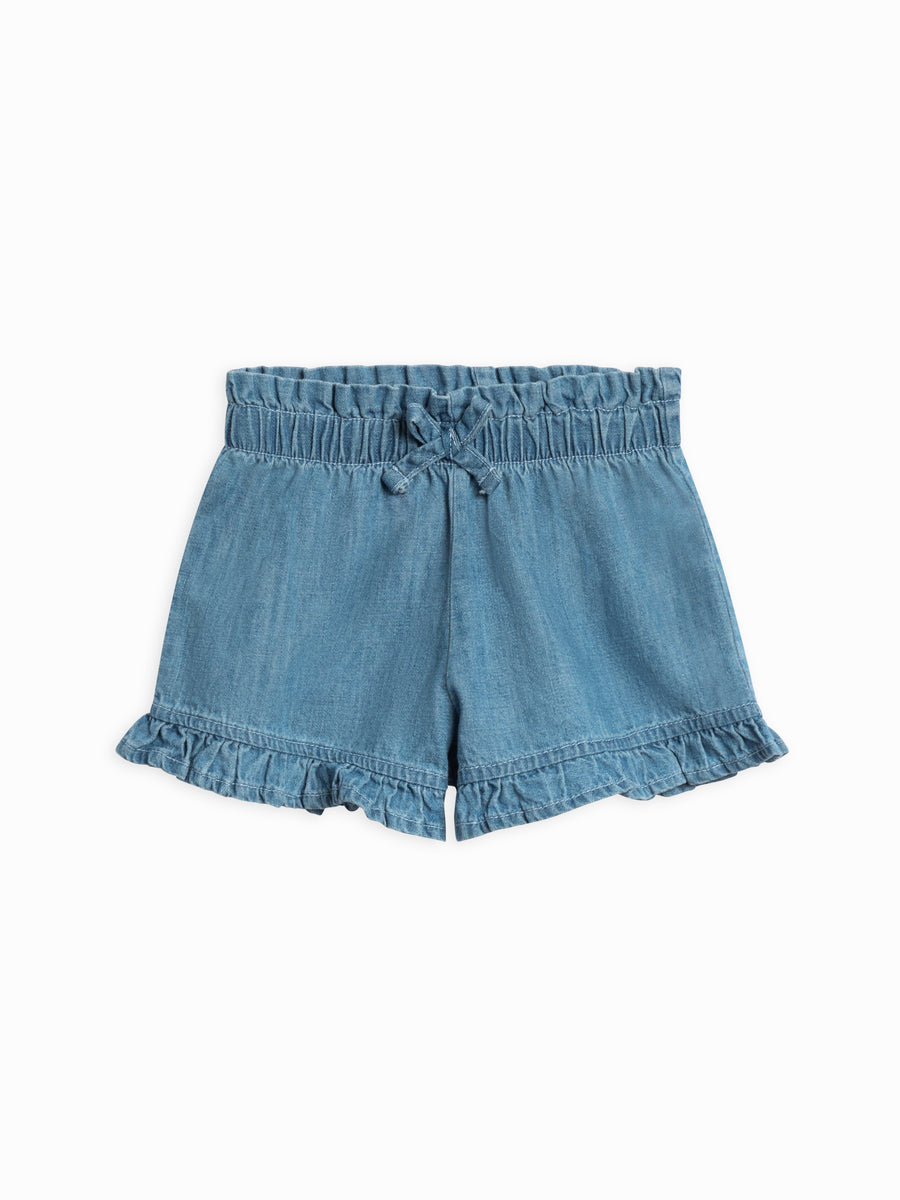 Callie Chambray Ruffle Waist Short Baby-Kids : Bottoms : Shorts Kendi Organic Cotton Baby and Kids Callie Chambray Ruffle Waist Short