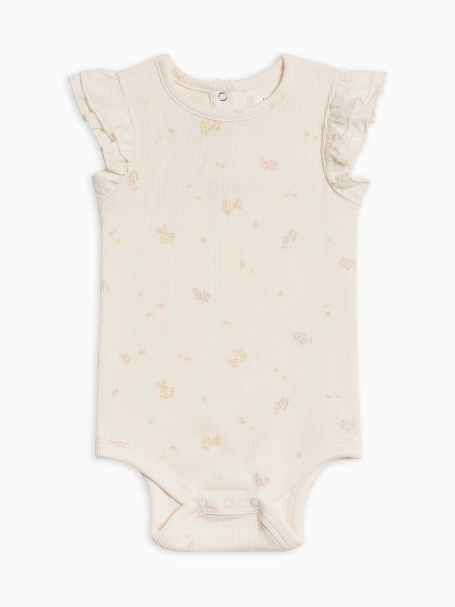 Maggie Ribbed Short Sleeve Bodysuit with Eyelet Ruffle Baby : One Pieces : Bodysuits : Short Sleeves Kendi Organic Cotton Baby Maggie Ribbed Short Sleeve Bodysuit with Eyelet Ruffle