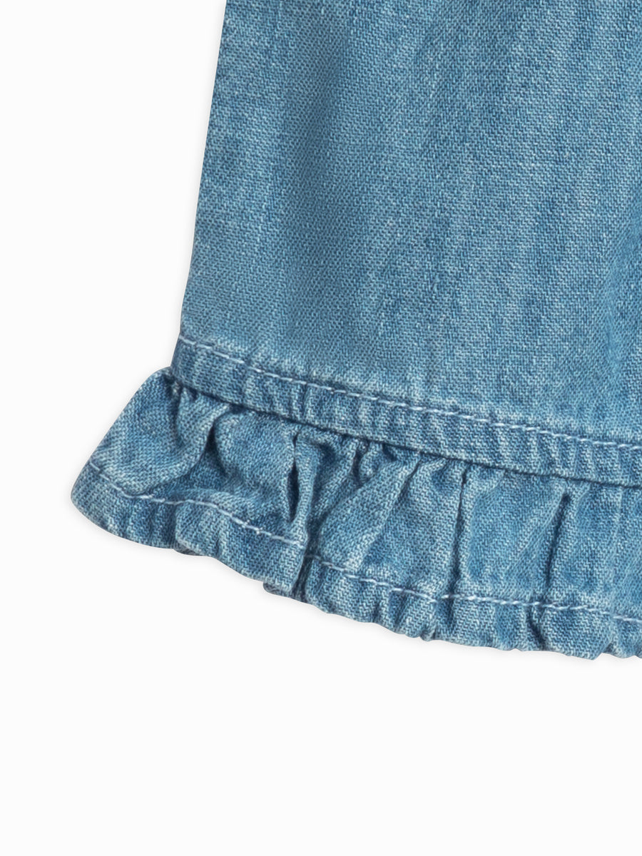 Callie Chambray Ruffle Waist Short Baby-Kids : Bottoms : Shorts Kendi Organic Cotton Baby and Kids Callie Chambray Ruffle Waist Short
